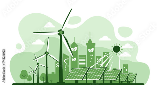 Green energy city illustration with wind turbines and solar panels promoting sustainability and