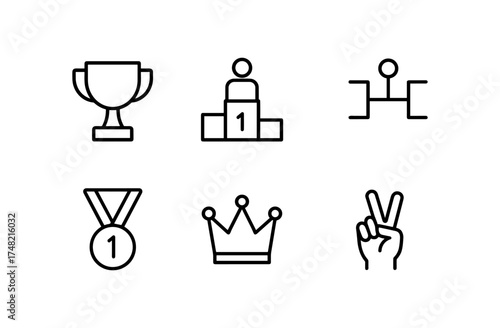 Linear icons of trophy, medal, podium, crown, victory, and path
