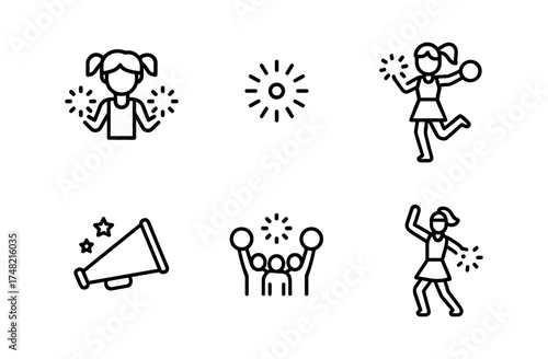 Cheerleading icons set: linear outline of cheerleaders, megaphone, and pom-poms