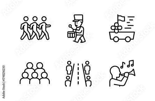 Parade symbols: marching, music, floats, and community in line art icons