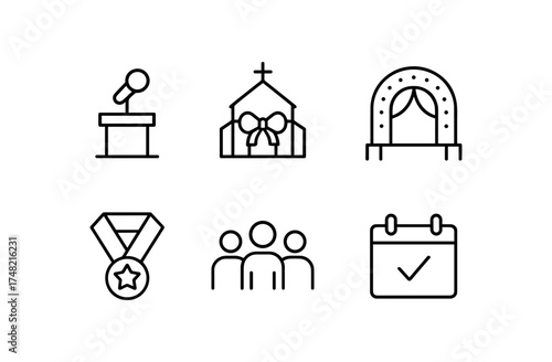 Simple event icons: microphone, church, stage, medal, group, calendar