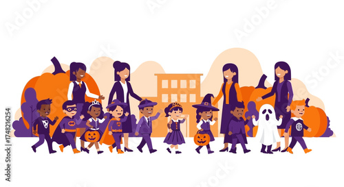 Halloween parade with kids in costumes escorted by teachers near school building
