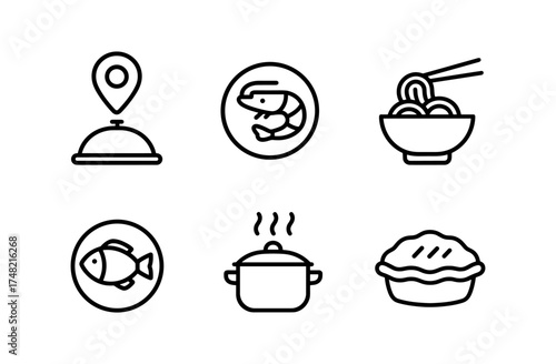Minimal food icons: seafood, meal prep, and cuisine essentials in simple line art