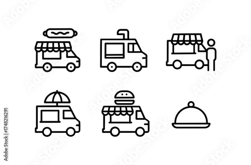 Linear food trucks and icon set for mobile culinary concepts