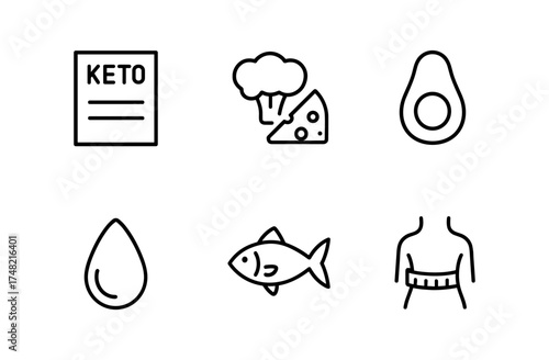 Keto diet icons set featuring food, avocado, fish, and measurements in linear design
