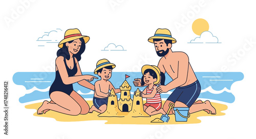 Happy family building sandcastle together on beach vacation creating fond memories