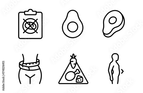 Outline icons of diet planning, healthy eating, and wellness concepts