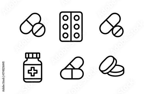 Outline icons of pills and medicine bottles for health and pharmacy