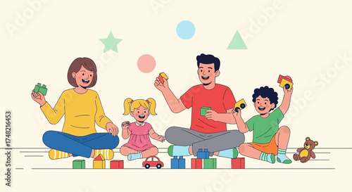 Happy family building with blocks: a colorful illustration of joyful family interaction