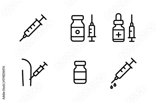 Simple medical icons: syringe, vaccine, and medicine line art collection