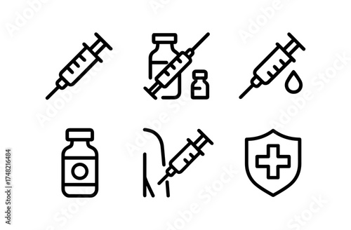 Medical vaccine icons: syringes, vials, health symbols in linear design