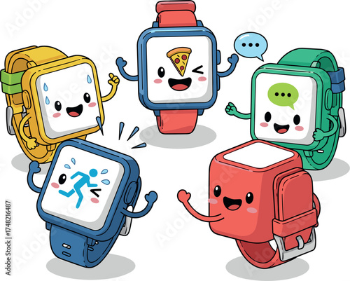 Cute cartoon smartwatches with happy faces gathered together