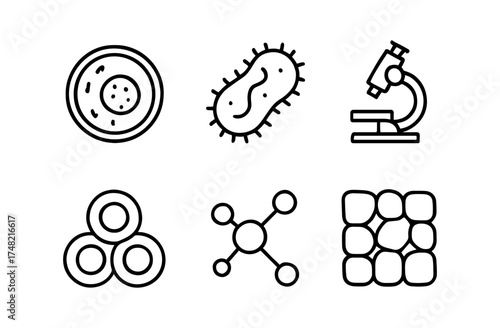 Simple line art of microscopic elements including cells and bacteria