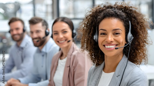 Wallpaper Mural A group of customer service representatives, wearing headsets, smiles while engaging with clients. The modern office Torontodigital.ca
