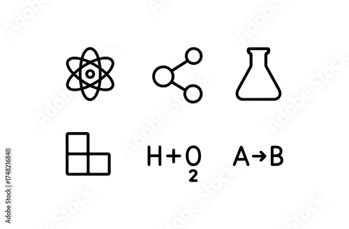 Science icons set: atom, molecule, flask, chemical formula, and process symbols