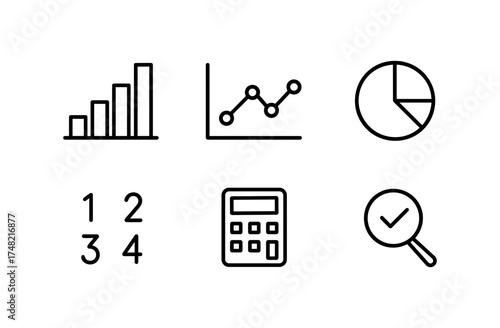 Minimalist business data icons: graphs, charts, and tools in line art