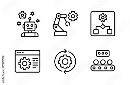 Automation and robotics icons set: ai, workflow, machine learning, development