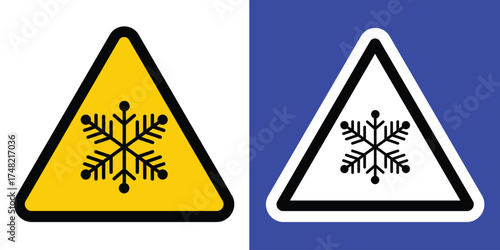 Dual triangular warning signs with snowflake icons, indicating icy or cold conditions. Yellow and white backgrounds with bold borders. Ideal for safety, weather alerts, and road signage.