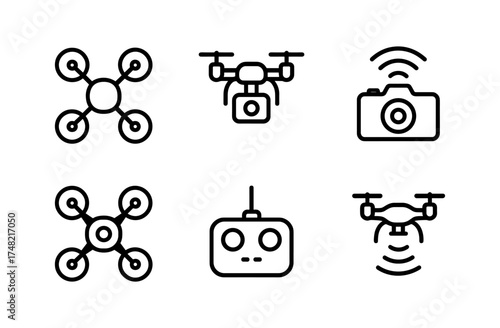 Drone technology icons set: remote control, quadcopters, and camera