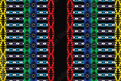 Colorful tribal geometric pattern with vibrant red, yellow, green, blue, and black tones. Inspired by ethnic textile and traditional weaving art, this seamless design reflects cultural diversity and f