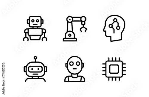 Set of linear icons featuring robots, ai, and technology