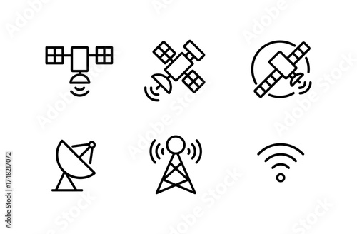 Communication technology icons: satellite, antenna, wireless signal in simple linear style