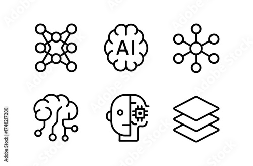 Ai and technology linear icons set: neural networks, brain, layers, and chip connections