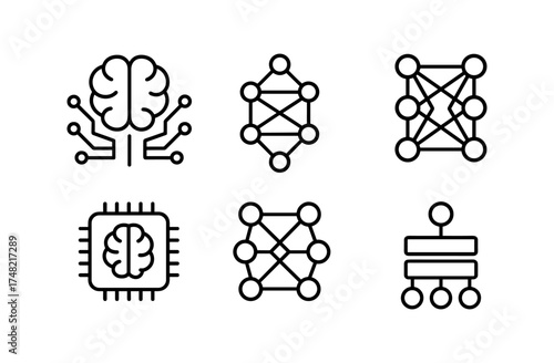 Minimalist neural network icons set with brain and circuit designs