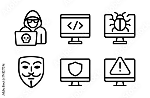 Cybersecurity and hacker icons in simple linear style for it and web development concepts