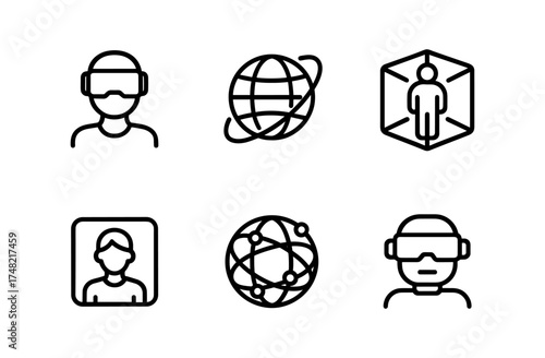 Virtual reality and global connectivity icons: line art style for modern tech concepts