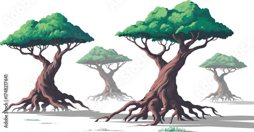 Digital illustration of fantasy trees with twisted trunks and green leaves, nature landscape artwork, concept of growth strength and creativity