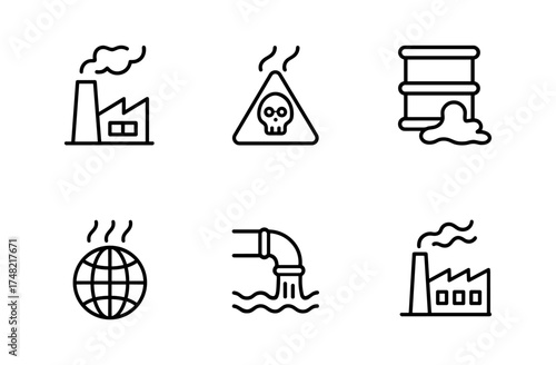 Environmental pollution icons: industrial waste and hazard symbols in linear style