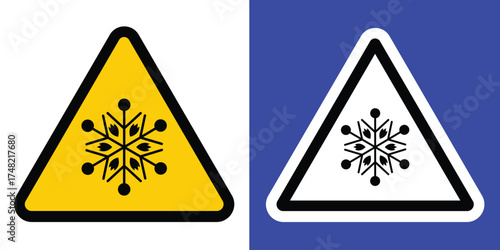 Dual triangular warning signs with snowflake icons, indicating icy or cold conditions. Yellow and white backgrounds with bold borders. Ideal for safety, weather alerts, and road signage.