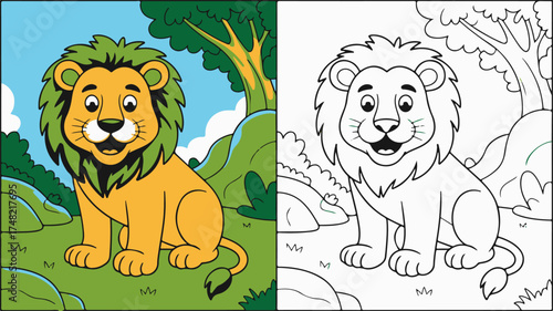 Whimsical Cartoon Lion Sitting in a Lush Forest Landscape, an Outline Version for Coloring