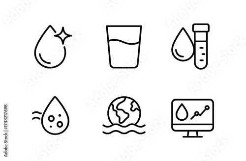 Essential water icons: clean, fresh, and vital elements in line art