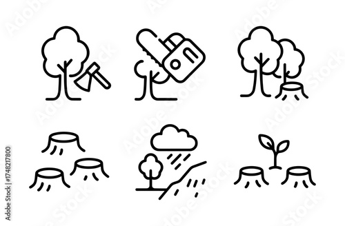 Linear icons of deforestation: axe, chainsaw, tree stump, reforestation and rain