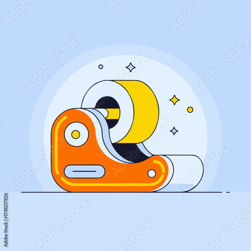 Clean graphic illustration of a contemporary tape dispenser with a vibrant yellow adhesive roll, subtly sparkling, symbolizing efficiency and organization for office or creative work