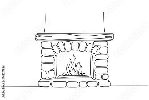 Rustic stone fireplace with burning fire and wooden mantelpiece line drawing