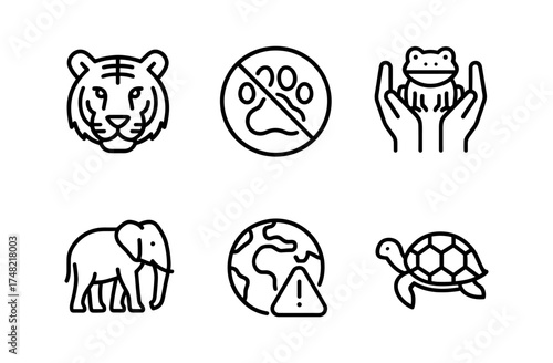 Animal conservation icons: tiger, elephant, tortoise, eco alert, wildlife protection symbols