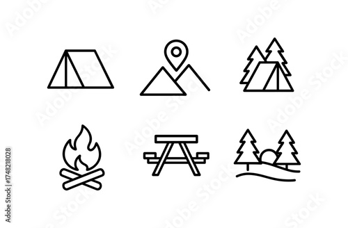 Minimalist camping icons set: tent, campfire, picnic table, nature symbols