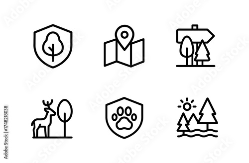 Linear nature icons: forest, wildlife, and navigation symbols