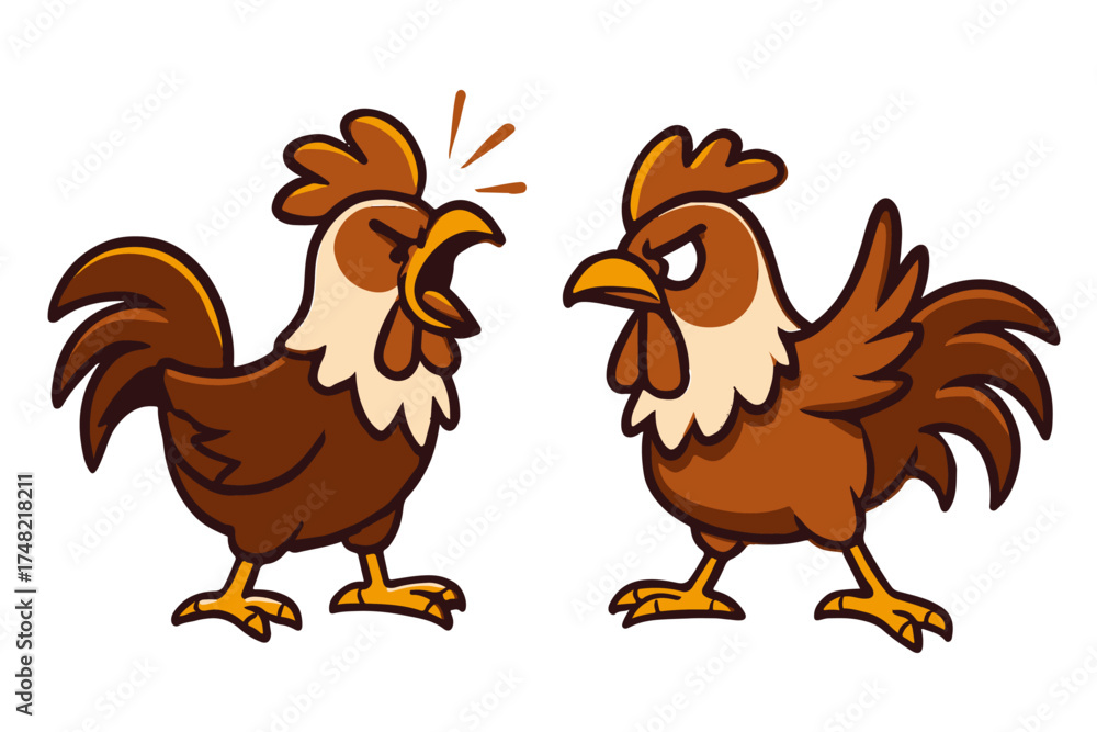 Fototapeta premium Vibrant cartoon illustration of two angry roosters in a heated argument, one yelling intensely and the other looking stern, symbolizing conflict, rivalry, and sharp disagreement