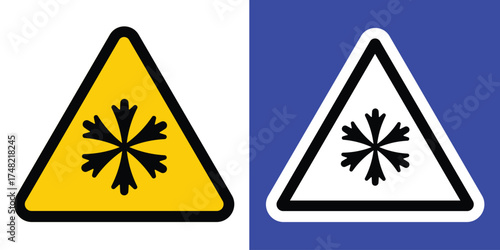 Dual triangular warning signs with snowflake icons, indicating icy or cold conditions. Yellow and white backgrounds with bold borders. Ideal for safety, weather alerts, and road signage.