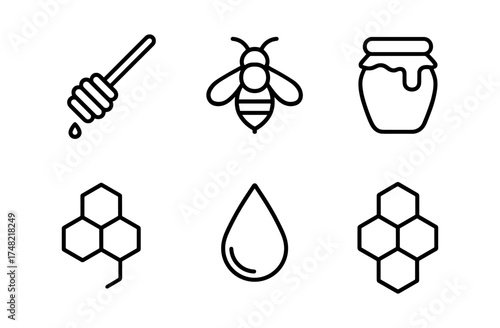 Honey bee icons set featuring honeycomb and jar in minimalist style