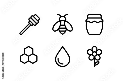 Honey-themed icons: bee, hive, jar, flower, and honeycomb line art