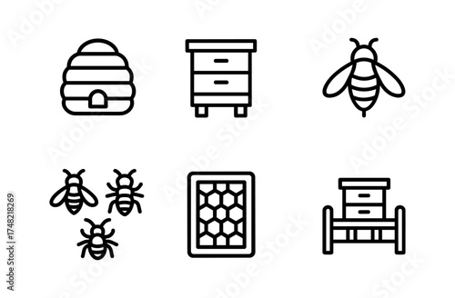 Simple linear beekeeping icons: hive, bees, honeycomb, apiary elements