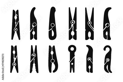 Collection of stylized black clothespins with unique designs, ideal for laundry and household tasks