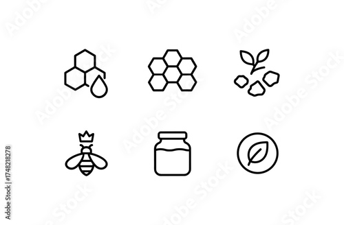 Minimalist honey and nature icons featuring bee, honeycomb, and leaf elements