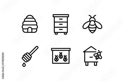Minimalist bee and beehive icons for beekeeping and honey production designs