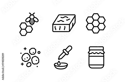 Bee products icons: honeycomb, beeswax, and more in minimalist line art style